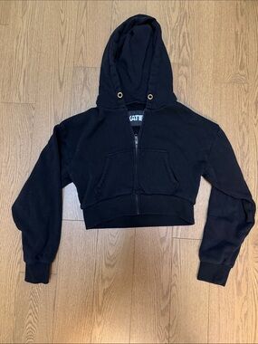 Katie J NYC Black Cropped Hoodie Sweatshirt